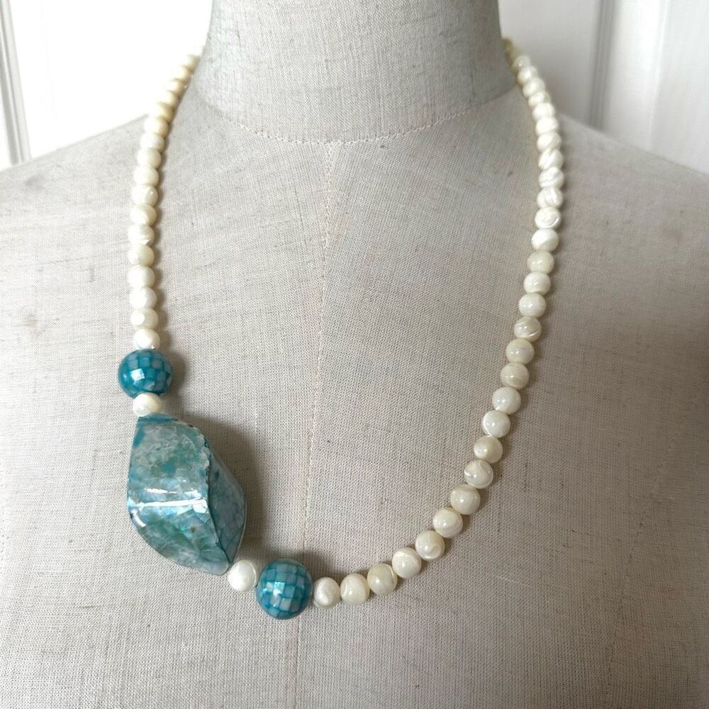 Karla Jordan mother of pearl cream  and blue asymmetrical necklace